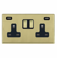 Hamilton 7G21SS2USBULTPB-B Hartland G2 Screwless 2G 13A DP Switched Socket with 2x USB Type-A (2.4A) - Polished Brass, Black Insert