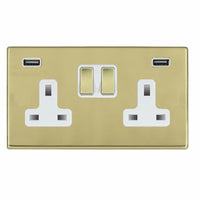 Hamilton 7G21SS2USBULTPB-W Hartland G2 Screwless 2G 13A DP Switched Socket with 2x USB Type-A (2.4A) - Polished Brass, White Insert