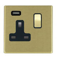 Hamilton 7G22SS1USBSB-B Hartland G2 Screwless 1G 13A SP Switched Socket with 1x USB Type-A (2.1A) - Satin Brass, Black Insert