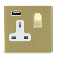 Hamilton 7G22SS1USBSB-W Hartland G2 Screwless 1G 13A SP Switched Socket with 1x USB Type-A (2.1A) - Satin Brass, White Insert