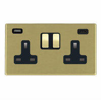 Hamilton 7G22SS2USBCSB-B Hartland G2 Screwless 2G 13A DP Switched Socket with 1x USB Type-A & 1x USB Type-C (2.4A) - Satin Brass, Black Insert