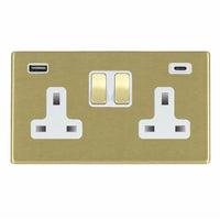 Hamilton 7G22SS2USBCSB-W Hartland G2 Screwless 2G 13A DP Switched Socket with 1x USB Type-A & 1x USB Type-C (2.4A) - Satin Brass, White Insert
