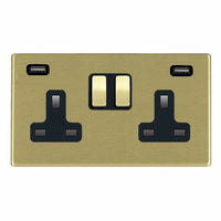 Hamilton 7G22SS2USBULTSB-B Hartland G2 Screwless 2G 13A DP Switched Socket with 2x USB Type-A (2.4A) - Satin Brass, Black Insert