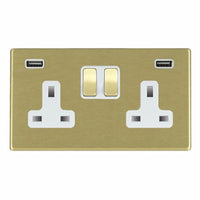 Hamilton 7G22SS2USBULTSB-W Hartland G2 Screwless 2G 13A DP Switched Socket with 2x USB Type-A (2.4A) - Satin Brass, White Insert