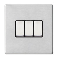 Hamilton 7G24R23SS-B Hartland G2 Screwless 3G 10AX 2 Way Plate Switch - Satin Stainless, Black Insert