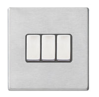 Hamilton 7G24R23SS-QG Hartland G2 Screwless 3G 10AX 2 Way Plate Switch - Satin Stainless, Quartz Grey Insert