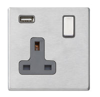 Hamilton 7G24SS1USBSS-QG Hartland G2 Screwless 1G 13A SP Switched Socket with 1x USB Type-A (2.1A) - Satin Stainless, Quartz Grey Insert