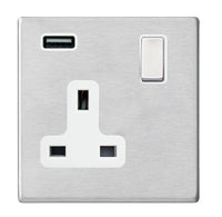 Hamilton 7G24SS1USBSS-W Hartland G2 Screwless 1G 13A SP Switched Socket with 1x USB Type-A (2.1A) - Satin Stainless, White Insert