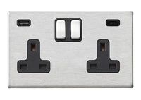 Hamilton 7G24SS2USBCSS-B Hartland G2 Screwless 2G 13A DP Switched Socket with 1x USB Type-A & 1x USB Type-C (2.4A) - Satin Stainless, Black Insert