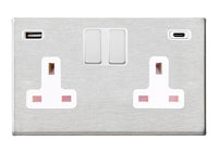 Hamilton 7G24SS2USBCSS-W Hartland G2 Screwless 2G 13A DP Switched Socket with 1x USB Type-A & 1x USB Type-C (2.4A) - Satin Stainless, White Insert