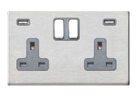 Hamilton 7G24SS2USBULTSS-QG Hartland G2 Screwless 2G 13A DP Switched Socket with 2x USB Type-A (2.4A) - Satin Stainless, Quartz Grey Insert