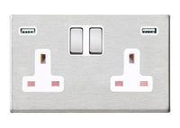 Hamilton 7G24SS2USBULTSS-W Hartland G2 Screwless 2G 13A DP Switched Socket with 2x USB Type-A (2.4A) - Satin Stainless, White Insert