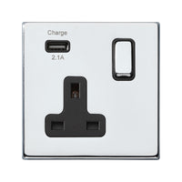 Hamilton 7G27SS1USBBC-B Hartland G2 Screwless 1G 13A SP Switched Socket with 1x USB Type-A (2.1A) - Bright Chrome, Black Insert