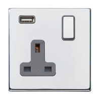 Hamilton 7G27SS1USBBC-QG Hartland G2 Screwless 1G 13A SP Switched Socket with 1x USB Type-A (2.1A) - Bright Chrome, Quartz Grey Insert