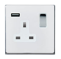 Hamilton 7G27SS1USBBC-W Hartland G2 Screwless 1G 13A SP Switched Socket with 1x USB Type-A (2.1A) - Bright Chrome, White Insert