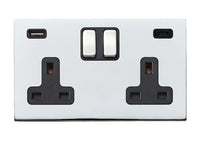 Hamilton 7G27SS2USBCBC-B Hartland G2 Screwless 2G 13A DP Switched Socket with 1x USB Type-A & 1x USB Type-C (2.4A) - Bright Chrome, Black Insert