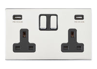 Hamilton 7G27SS2USBULTBC-B Hartland G2 Screwless 2G 13A DP Switched Socket with 2x USB Type-A (2.4A) - Bright Chrome, Black Insert
