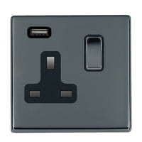 Hamilton 7G28SS1USBBK-B Hartland G2 Screwless 1G 13A SP Switched Socket with 1x USB Type-A (2.1A) - Black Nickel, Black Insert