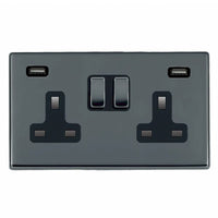 Hamilton 7G28SS2USBULTBK-B Hartland G2 Screwless 2G 13A DP Switched Socket with 2x USB Type-A (2.4A) - Black Nickel, Black Insert
