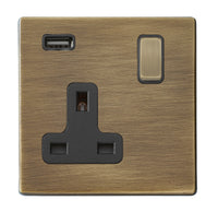 Hamilton 7G29SS1USBAB-B Hartland G2 Screwless 1G 13A SP Switched Socket with 1x USB Type-A (2.1A) - Antique Brass, Black Insert