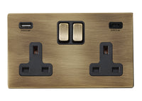 Hamilton 7G29SS2USBCAB-B Hartland G2 Screwless 2G 13A DP Switched Socket with 1x USB Type-A & 1x USB Type-C (2.4A) - Antique Brass, Black Insert