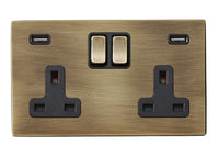 Hamilton 7G29SS2USBULTAB-B Hartland G2 Screwless 2G 13A DP Switched Socket with 2x USB Type-A (2.4A) - Antique Brass, Black Insert