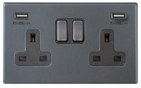 Hamilton 7G2ASS2USBULTGA-QG Hartland G2 Screwless 2G 13A DP Switched Socket with 2x USB Type-A (2.4A) - Anthra Gray, Quartz Grey Insert