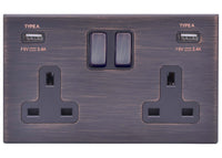 Hamilton 7G2EBSS2USBULTEB-B Hartland G2 Screwless 2G 13A DP Switched Socket with 2x USB Type-A (2.4A) - Etrium Bronze, Black Insert