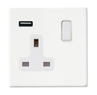 Hamilton 7G2MWSS1USBWH-W Hartland G2 Screwless 1G 13A SP Switched Socket with 1x USB Type-A (2.1A) - Matt White, White Insert
