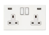 Hamilton 7G2MWSS2USBULTWH-W Hartland G2 Screwless 2G 13A DP Switched Socket with 2x USB Type-A (2.4A) - Matt White, White Insert