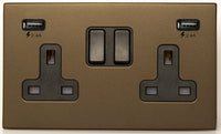 Hamilton 7G2RBSS2USBULTBL-B Hartland G2 Screwless 2G 13A DP Switched Socket with 2x USB Type-A (2.4A) - Richmond Bronze, Black Insert