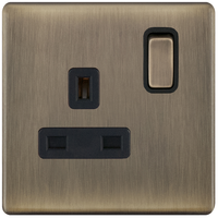 Selectric 5MPLUS-621 5M-PLUS Screwless 1 Gang 13A Switched DP Socket Outlet - Antique Brass, Black Insert