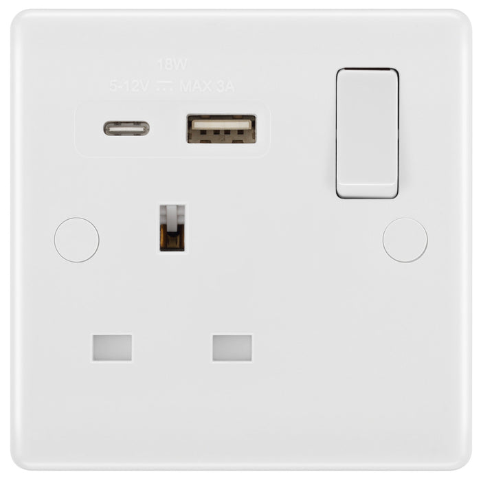 BG 821UAC18 White Round Edge 13A Single Switched Power Socket + USB A+C (18W)