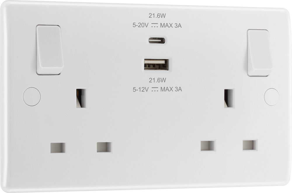 BG 822UAC22 White Round Edge 13A Double Switched Power Socket + USB A+ ...