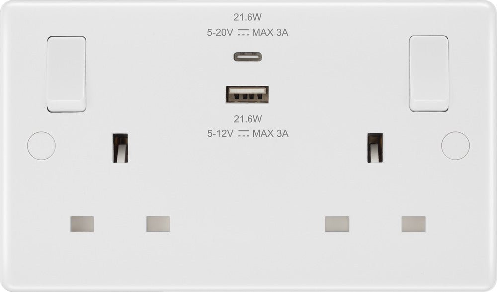BG 822UAC22 White Round Edge 13A Double Switched Power Socket + USB A+C (22W) - westbasedirect.com