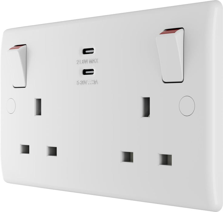 BG 822UCC22 White Round Edge 13A Double Switched Power Socket + 2xUSB-C (22W)