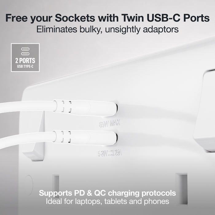 BG 822UCC65 White Round Edge 13A Double Switched Power Socket + 2xUSB-C (65W)