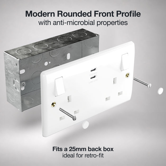 BG 822UCC65 White Round Edge 13A Double Switched Power Socket + 2xUSB-C (65W)