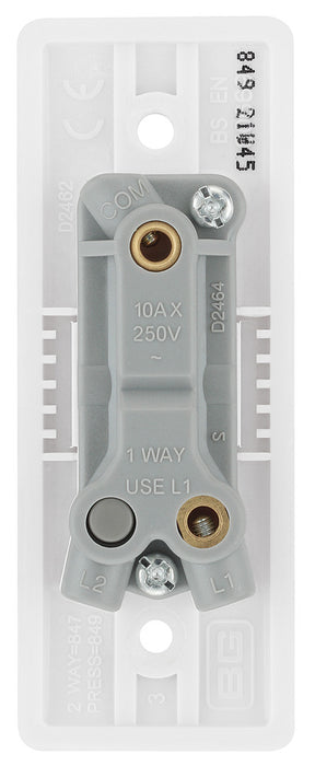 BG 849 White Round Edge 10A Single Architrave Switch marked PRESS 1 Way - westbasedirect.com