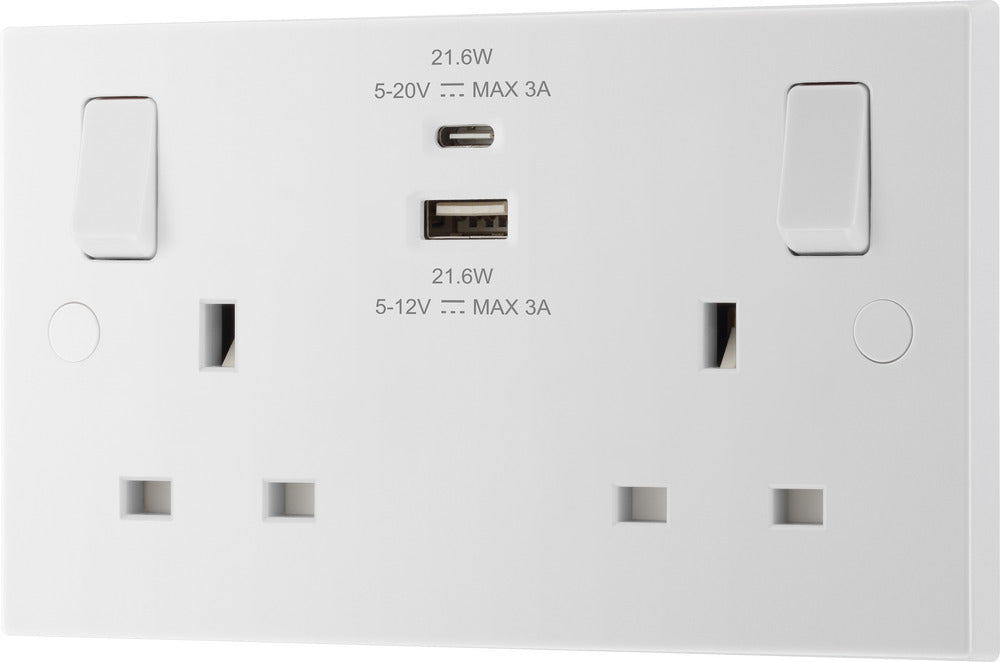 BG 922UAC22 White Square Edge 13A Double Switched Power Socket + USB A+C (22W) - westbasedirect.com