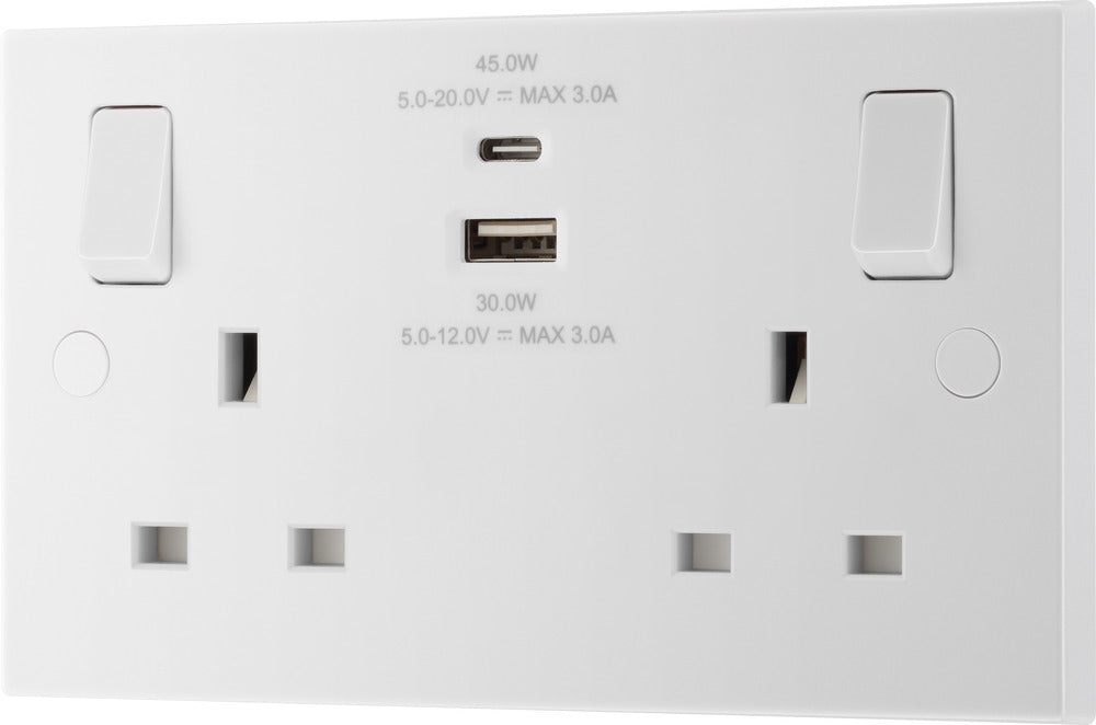 BG 922UAC45 White Square Edge 13A Double Switched Power Socket + USB A ...