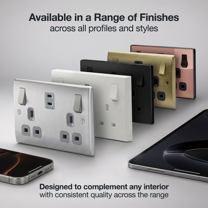 BG 922UCC22 White Square Edge 13A Double Switched Power Socket + 2xUSB-C (22W)