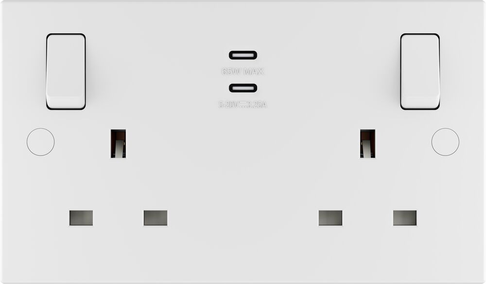 BG 922UCC65 White Square Edge 13A Double Switched Power Socket + 2xUSB-C (65W)