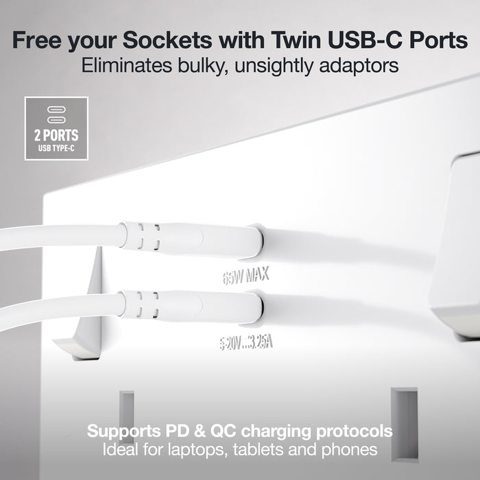 BG 922UCC65 White Square Edge 13A Double Switched Power Socket + 2xUSB-C (65W)