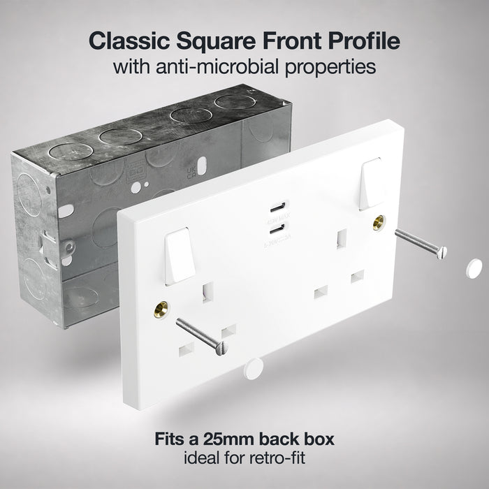BG 922UCC65 White Square Edge 13A Double Switched Power Socket + 2xUSB-C (65W)