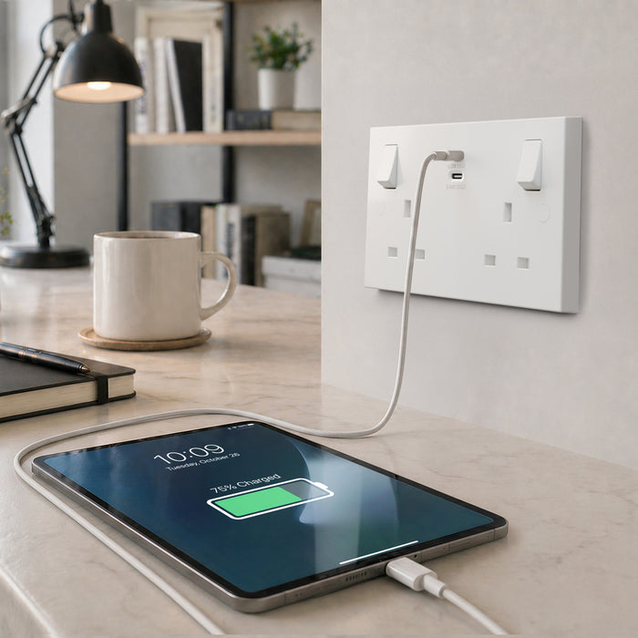 BG 922UCC65 White Square Edge 13A Double Switched Power Socket + 2xUSB-C (65W)