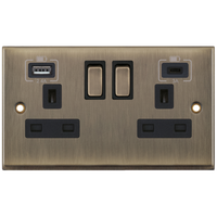 Selectric 7MPRO-663 7M-PRO 2 Gang 13A Switched Socket Outlet with 1x USB Type-A (2.4A) & 1x USB Type-C (3A) - Antique Brass, Black Insert