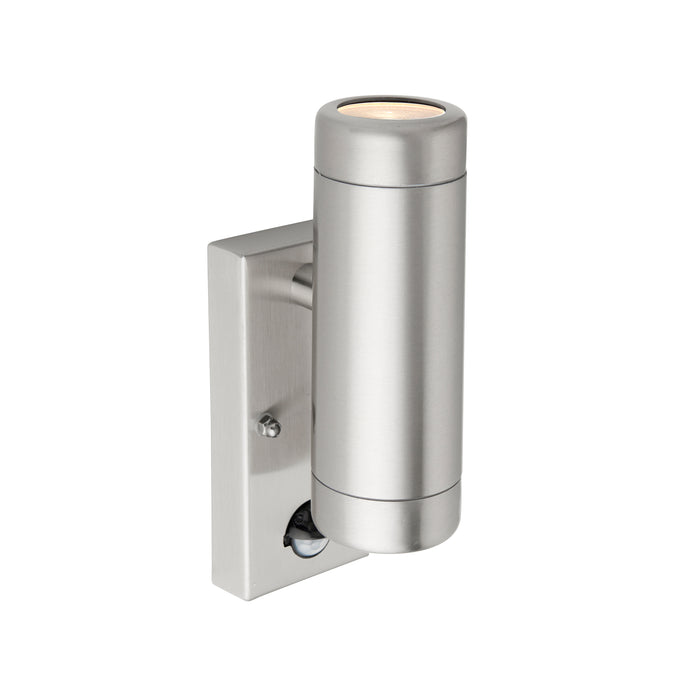 Saxby 97821 Odyssey PIR 2lt wall IP44 7W Brushed stainless steel & clear glass 2 x 7W LED GU10 (Required) - westbasedirect.com