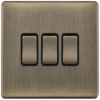 Selectric 5MPLUS-603 5M-PLUS Screwless 3 Gang 2 Way 10AX Plate Switch - Antique Brass, Black Insert