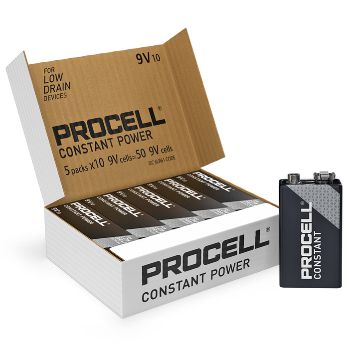 Duracell Procell Constant Power 9V PP3 6LR61 PC1604 Alkaline Industrial Batteries | Box of 50